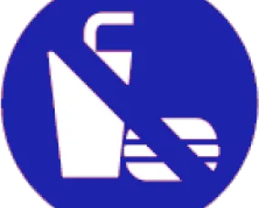 A round blue icon showing food and drink with a line through it.