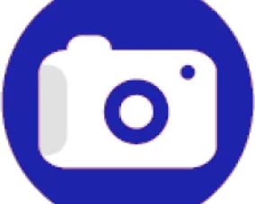 A round blue icon showing a camera