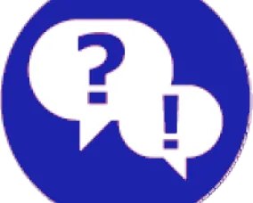A round blue icon showing speech bubbles with a question mark and an exclamation point