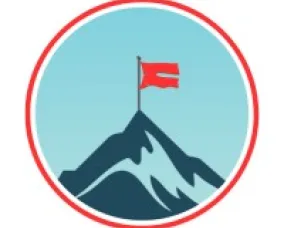 A logo depicting a mountain with a flag on top made from a pair of red pants.