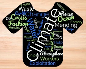 A word cloud in the shape of a T-shirt featuring words related to fast fashion and climate change