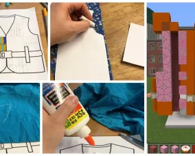 Progress photos of lifers in different media, including drawing with markers, tailoring with fabric scraps, and building in Minecraft.