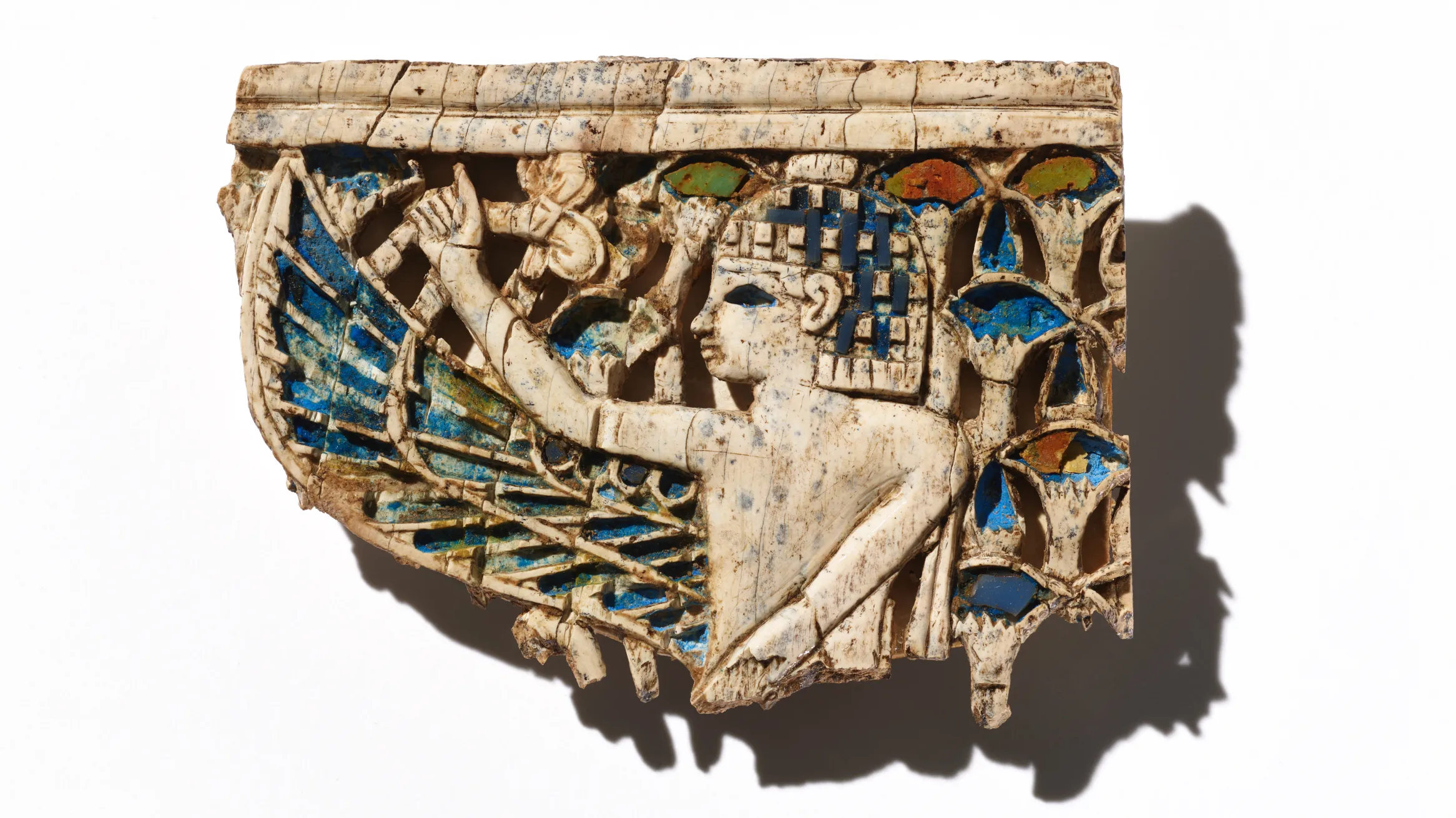 Panel component for inlay with Egyptianized figure grasping sacred tree