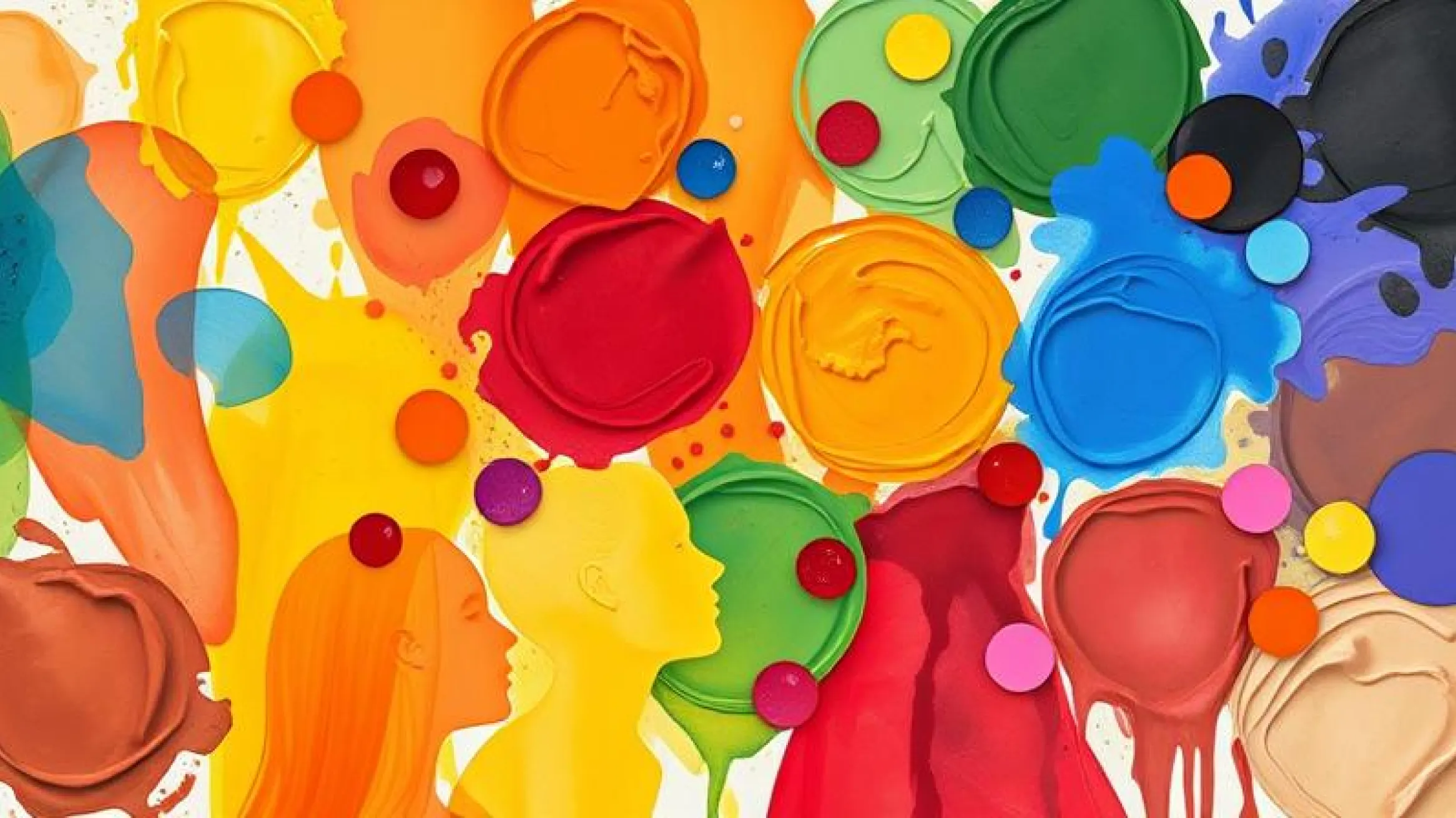 Abstract image featuring vibrant, overlapping paint splashes and circular shapes in various colors, with two human silhouettes facing each other against a white background.