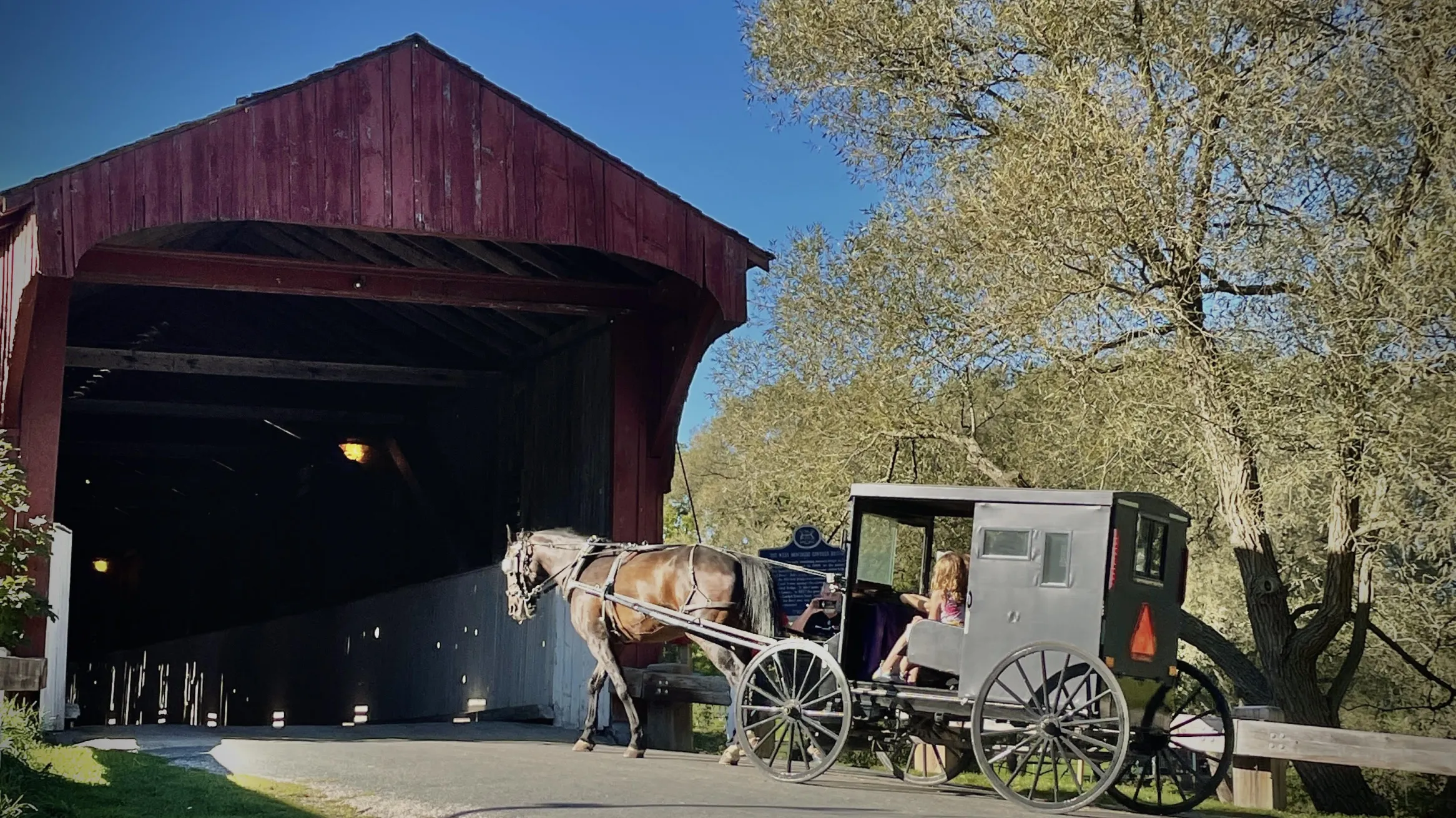 Horse and buggy entering Kissing Bridge 