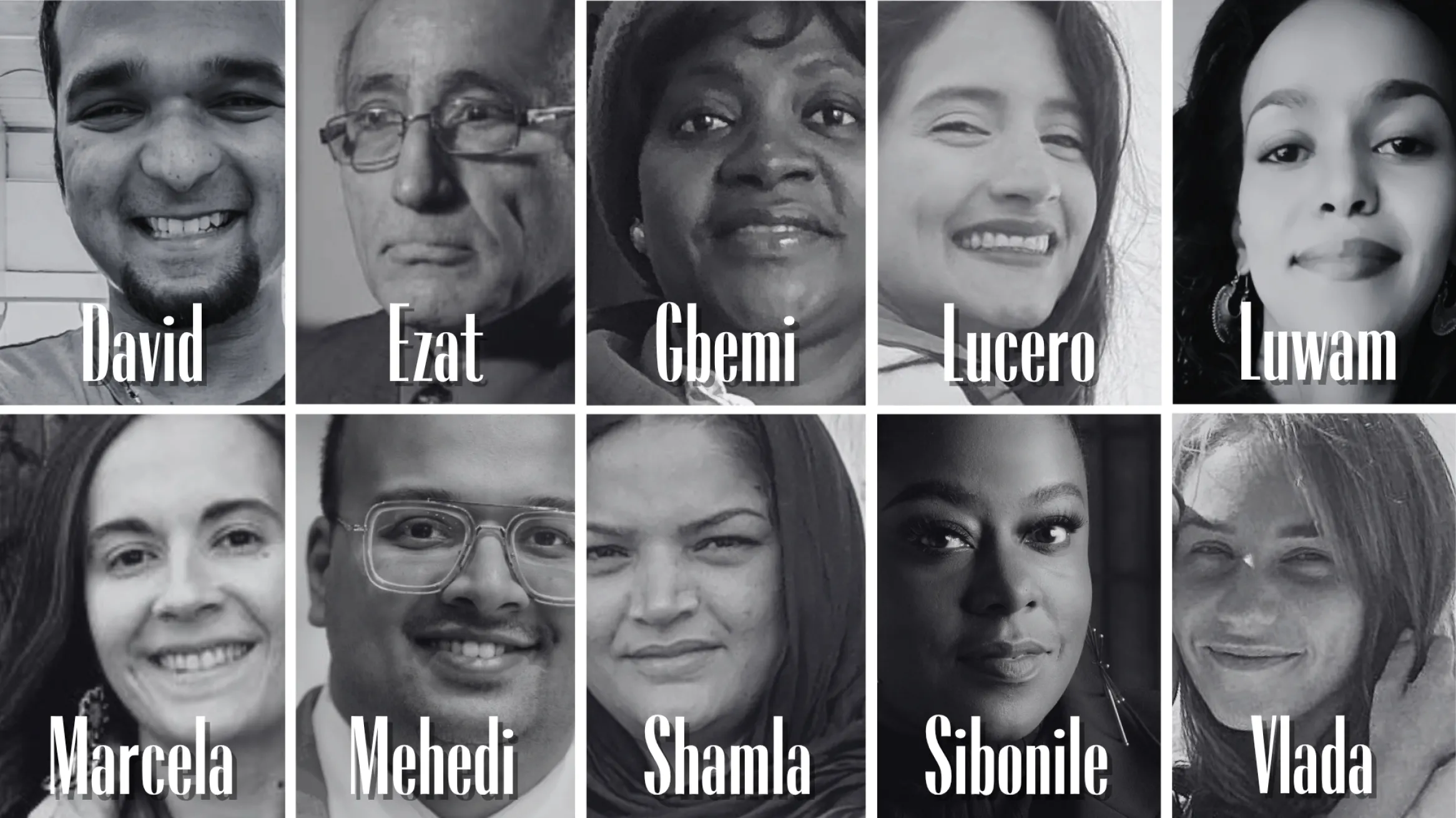 Black and white headshots of 10 storytellers at the Living Libraries: Newcomers' Stories of Belonging event