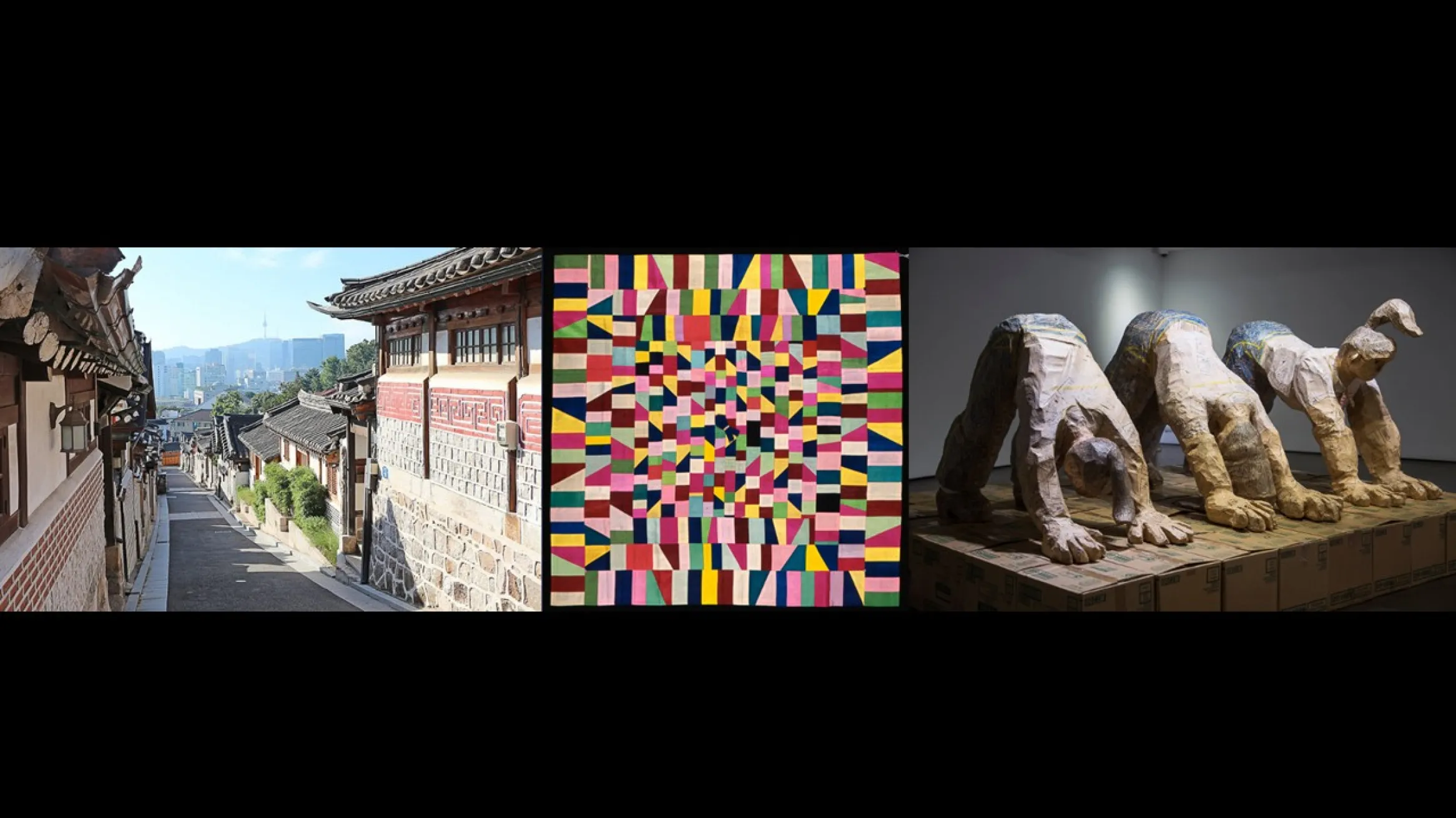 (left) Bukchon Hanok Village, Seoul, Korea. (middle) Jogakbo (Wrapping Cloth), Asian Art Museum of San Francisco, 1998.57, Gift of Mrs. Ann Witte;  (right) Shin Min, Part-time Workers in Downward Dog Pose, 2014. Photo by Hyo Seop Jeong. Image courtesy of the artist. 