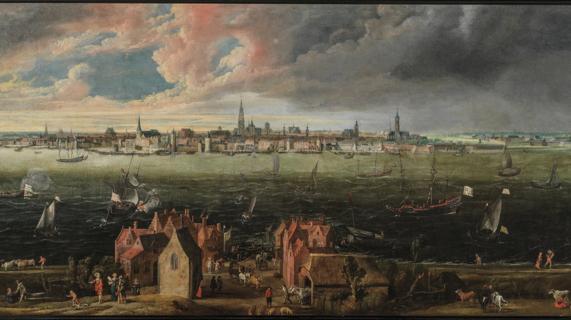 Panoramic view of the city of Antwerp across the River Scheldt