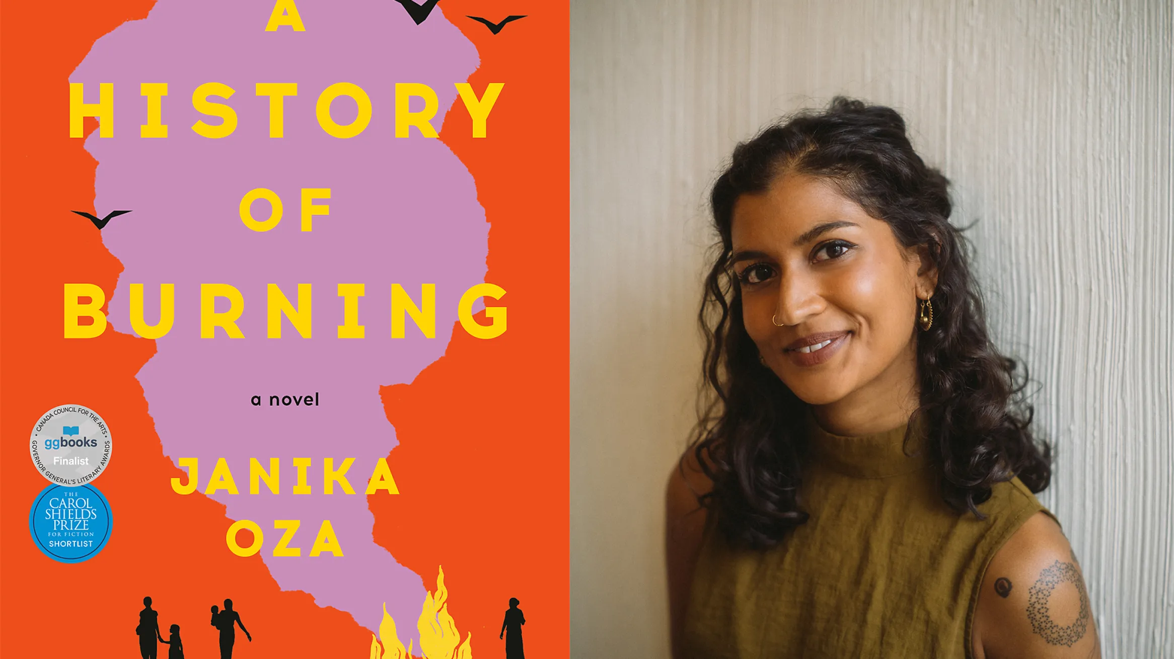 book cover of A History of Burning and photo of Janika Oza