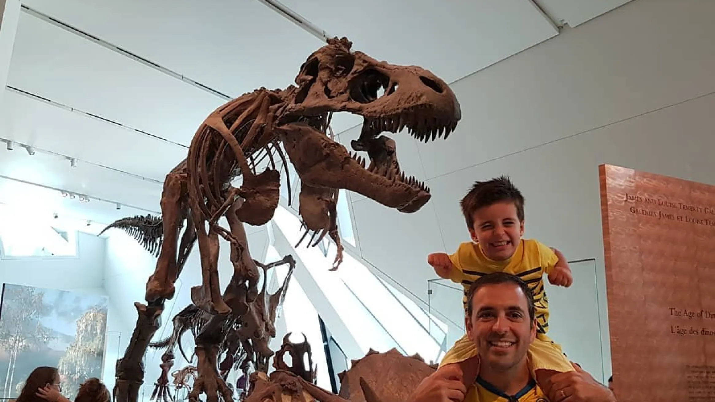 An adult carrying a smiling child on their shoulders poses beside a large Tyrannosaurus rex skeleton in a museum gallery.
