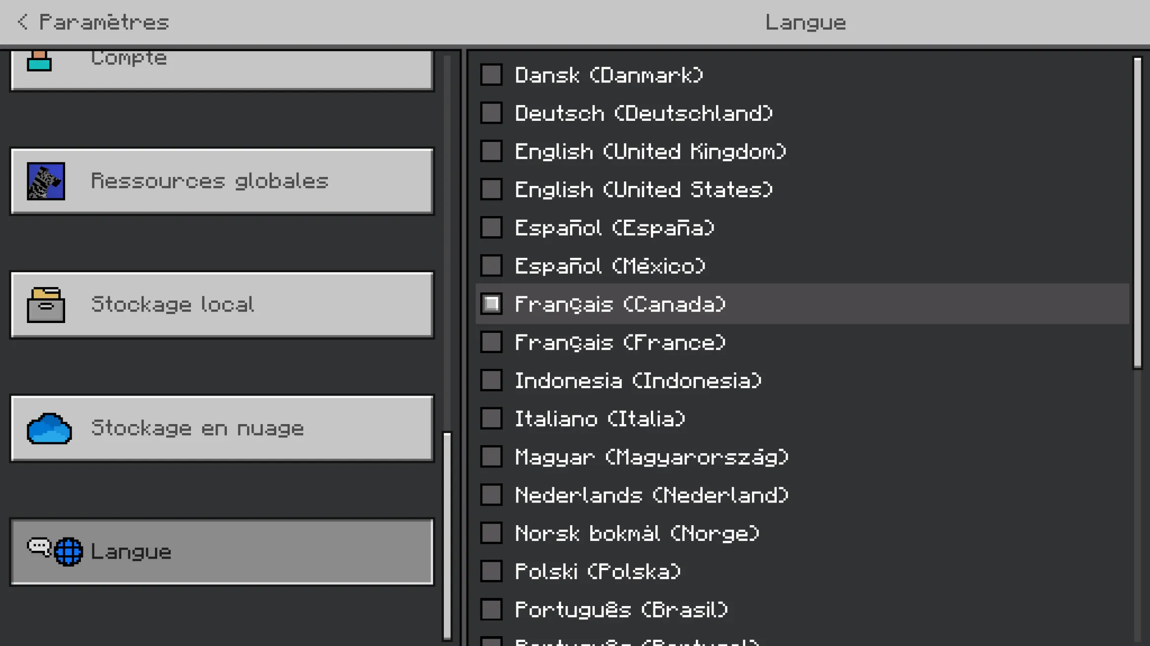 A language selection screen set to Canadian French