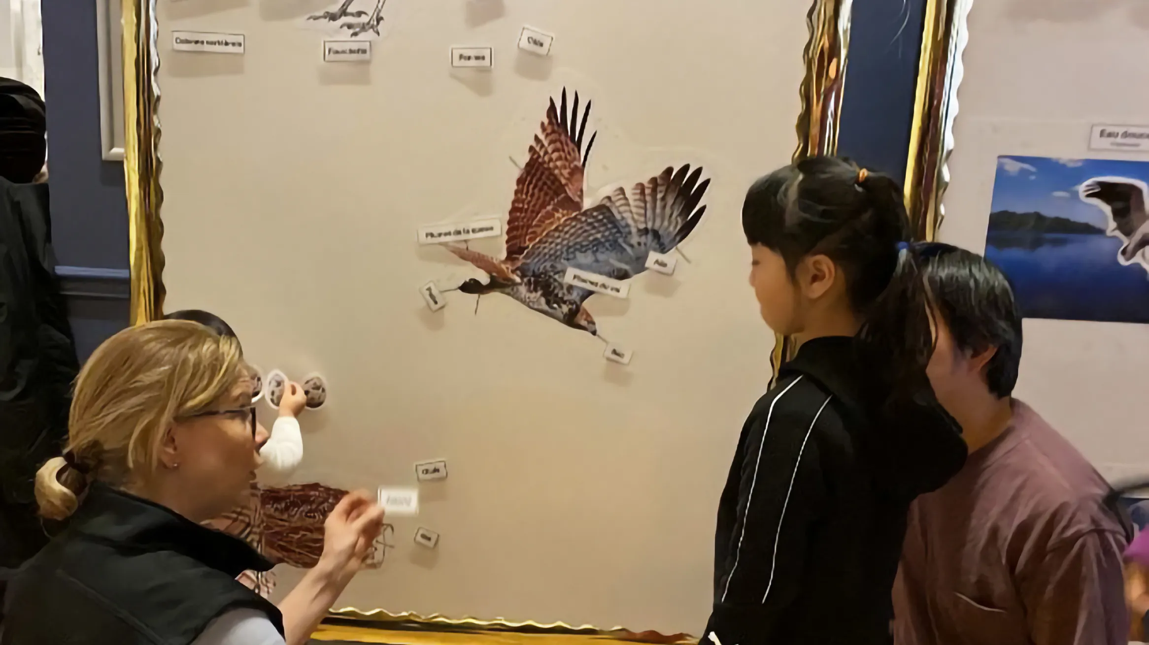 A group of people looking at a picture on a white board